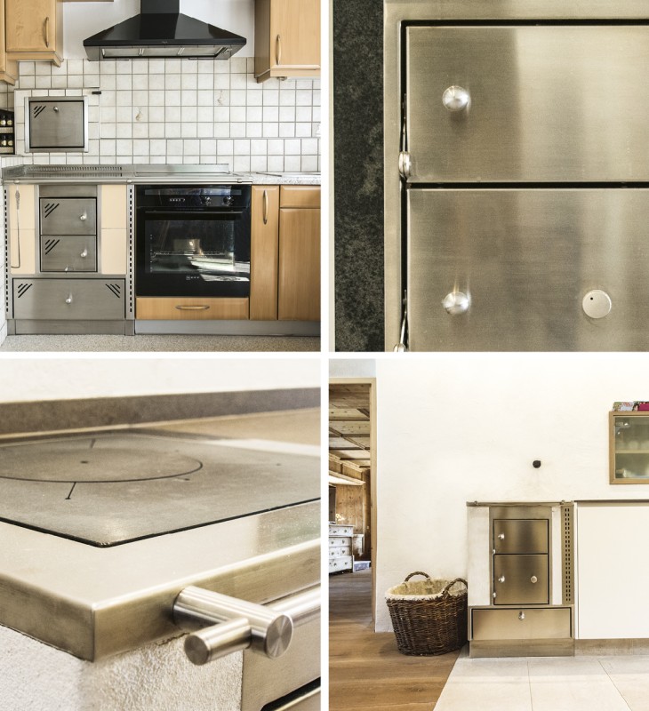 Kücheneinrichtung mit Holzschränken, Fliesenspiegel, eingebautem Ofen und Edelstahlherd mit Griffen sowie ein moderner Holzofen mit Metalltür und Griffen in einem hellen Raum