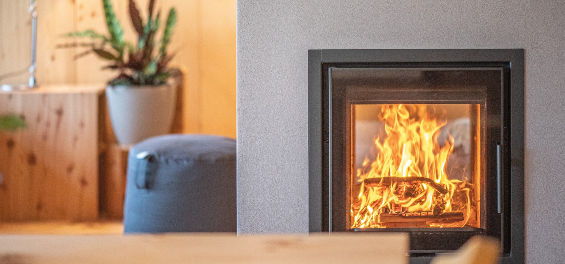 Moderner Kamin mit sichtbarem Feuer in einem hellen Raum mit Holzmöbeln und Pflanze im Hintergrund