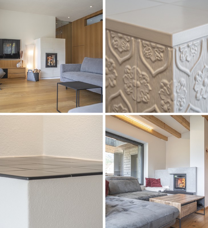 Vier verschiedene Bilder mit Wohnzimmer und Kamin, Holzboden, grauem Sofa und dekorativer Kachelverkleidung