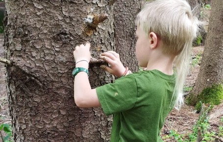 Kind mit grünem T-Shirt und Armbändern steht seitlich vor einem Baum und befästigt Ton an der Baumrinde mit beiden Händen